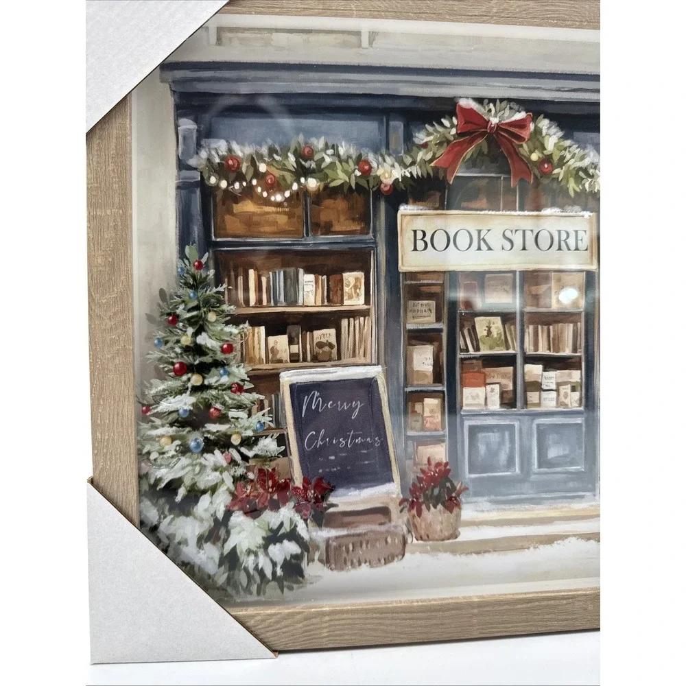 Hobby Lobby Winter Bookstore Framed Wall Decor Christmas Village NEW